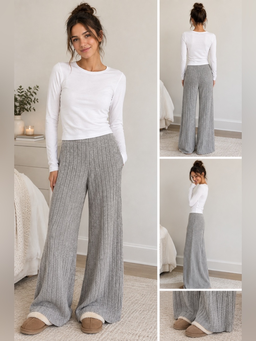 Knit Ribbed Wide-Leg Women’s Pants - Gray
